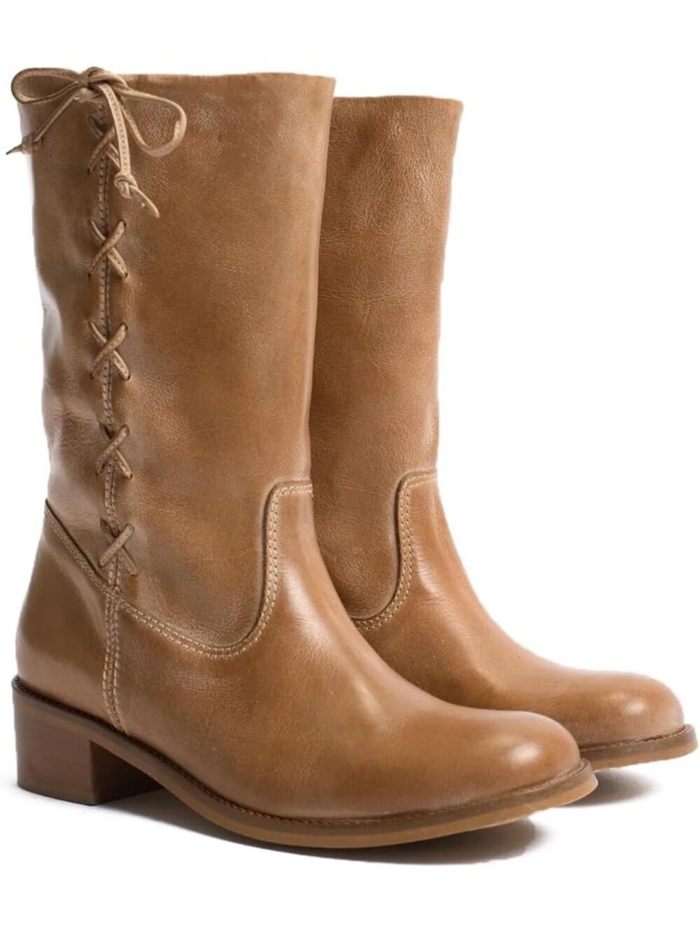 Women’s Brown Mid Calf Boots Chunky Block Heel Round Toe Boots Comfortable